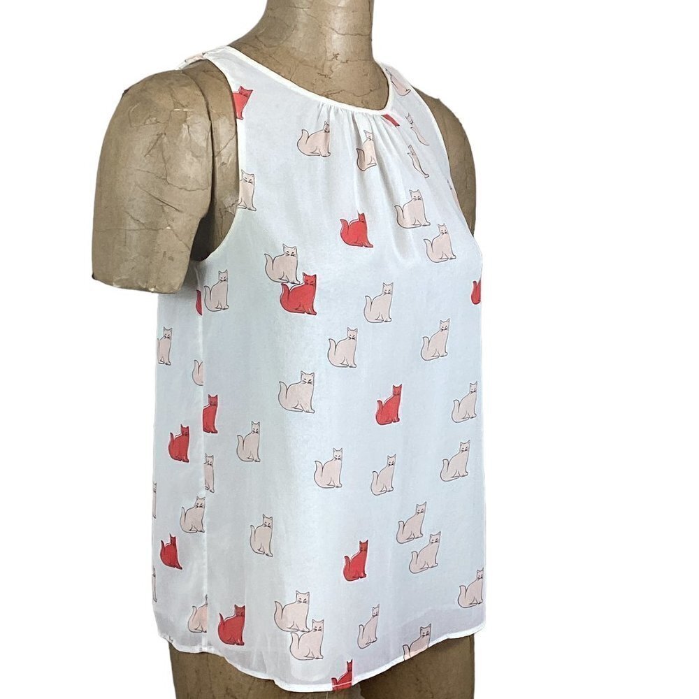 Zara Trafaluc Sleeveless Cat Print Blouse Chiffon Sz S #238C - Picture 3 of 9